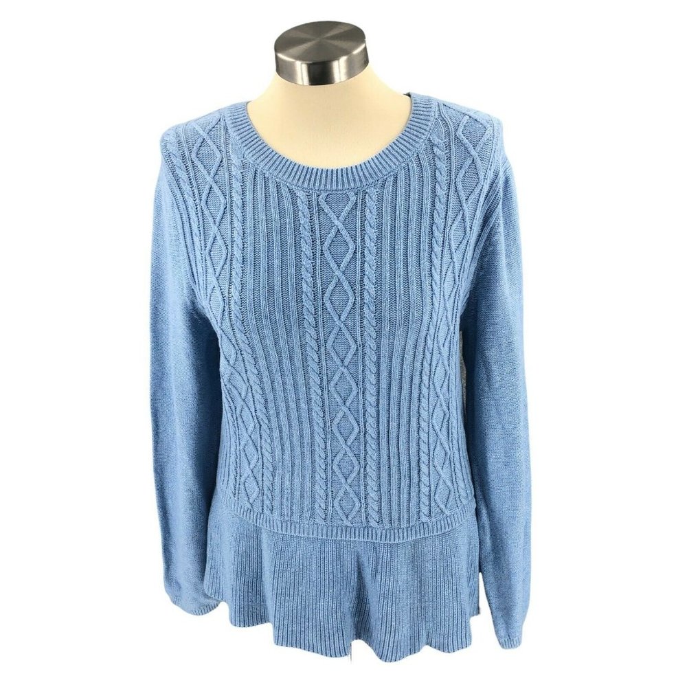 Talbots Womens Sweater Large Blue Pullover Long Sleeve Cable Knit Peplum Casual